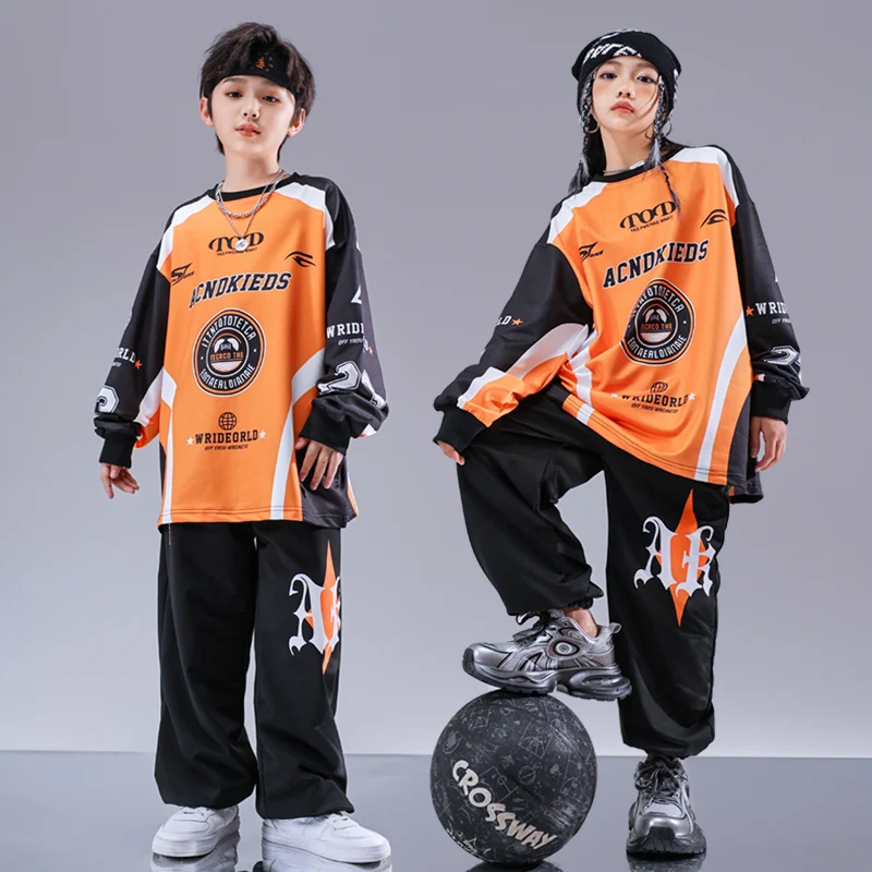

Детская одежда в стиле K-POP, свитшот с оранжевым принтом в стиле хип-хоп, черные повседневные брюки-карго, уличная одежда для девочек и мальчиков, костюм для джазовых танцев, одежда