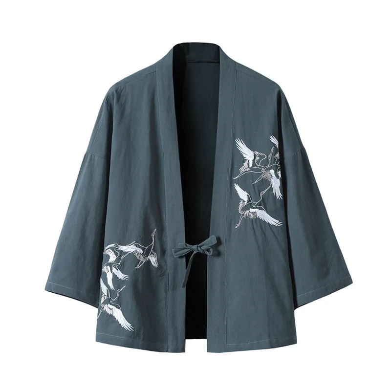 

2024 Summer New Men's Crane Embroidery Chinese Style Hanfu Cardigan Japanese Retro Trend Kimono Daopao