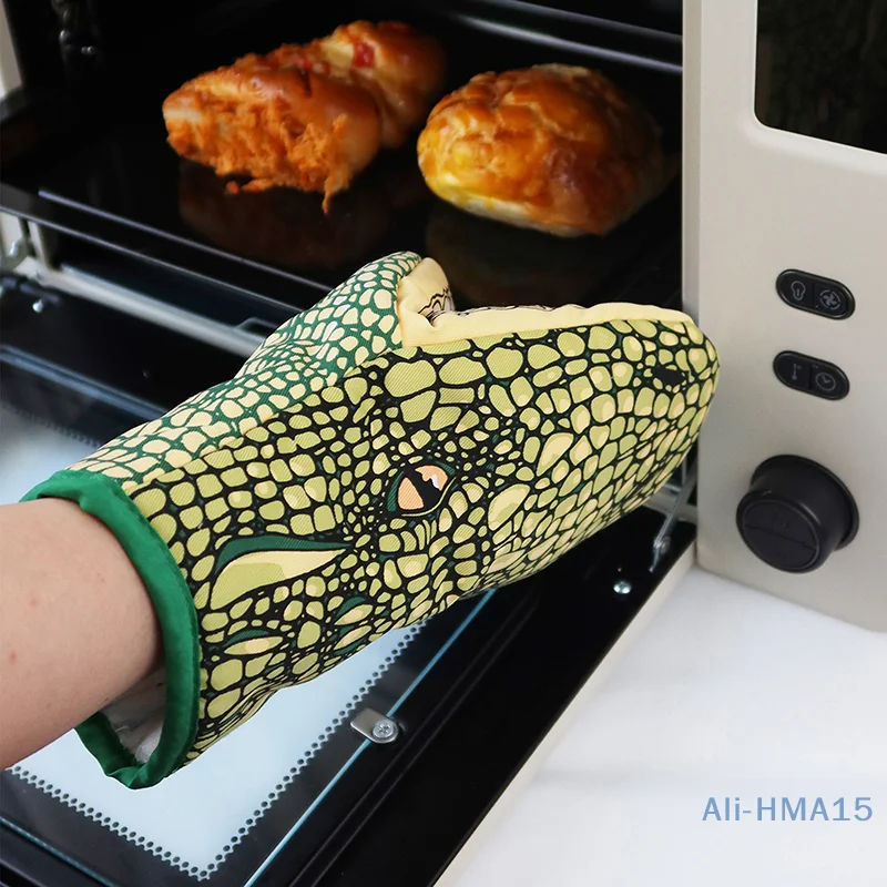 

Термостойкие варежки для приготовления барбекю и выпечки, Мультяшные животные, перчатки для микроволновой печи с узором под крокодила, теплоизоляционные утолщенные перчатки