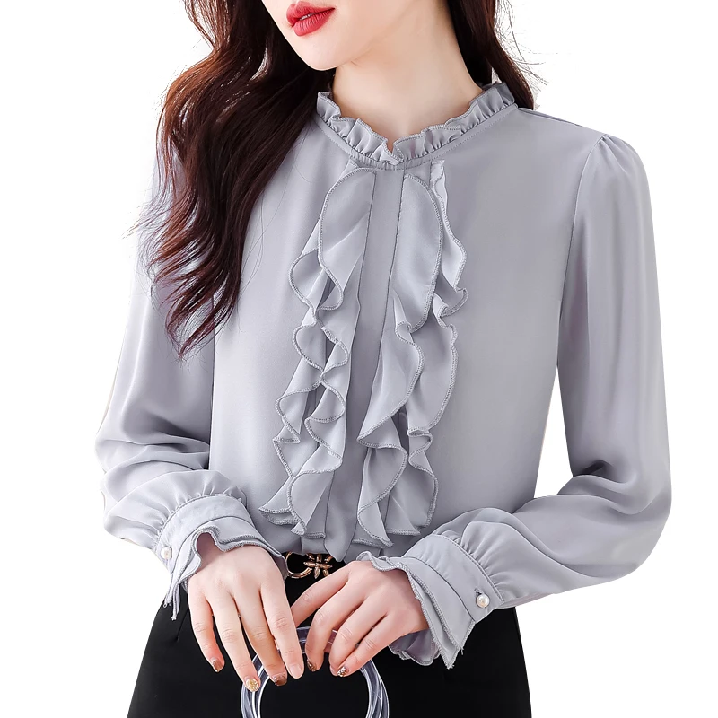 

QOERLIN Ruffled Tops Shirts Grey Women Loose Casual Blouse Elegant Flare Sleeve Shirts Korean Fashion Solid OL Shirts Female