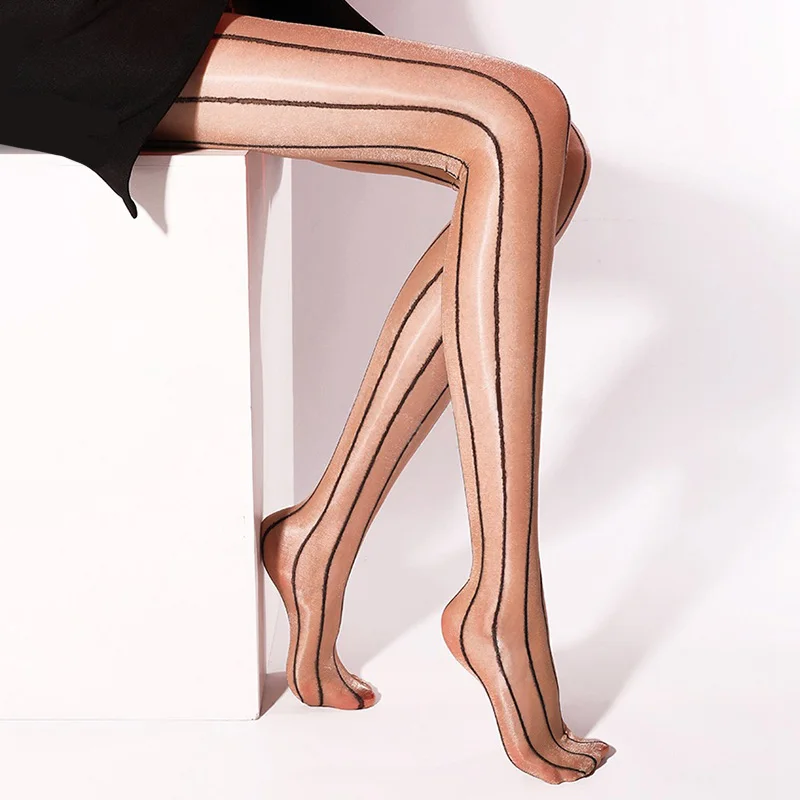 

Women's Silky Smooth Shiny Pantyhose Open Crotch Vertical Stripes Ultra-Thin Glossy Stockings Sexy