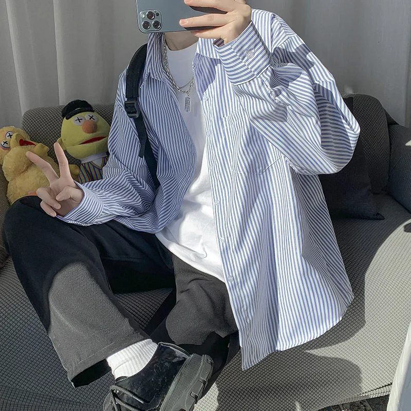 

Рубашка EBAIHUI Мужская в Японскую полоску, блузка с длинным рукавом в стиле бойфренд, Повседневная Свободная Корейская рубашка в гонконгском стиле, шикарная осенняя куртка