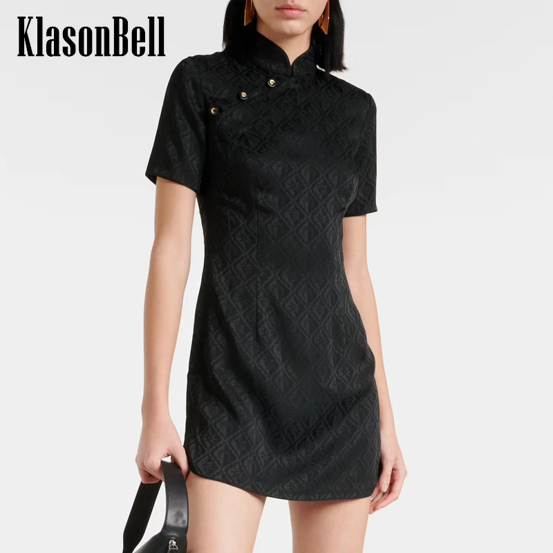 

4.2 KlasonBell Vintage Jacquard Short Sleeve Mini Dress Women Elegant Geometric Moon Print Spliced Mandarin Collar Slim Dress