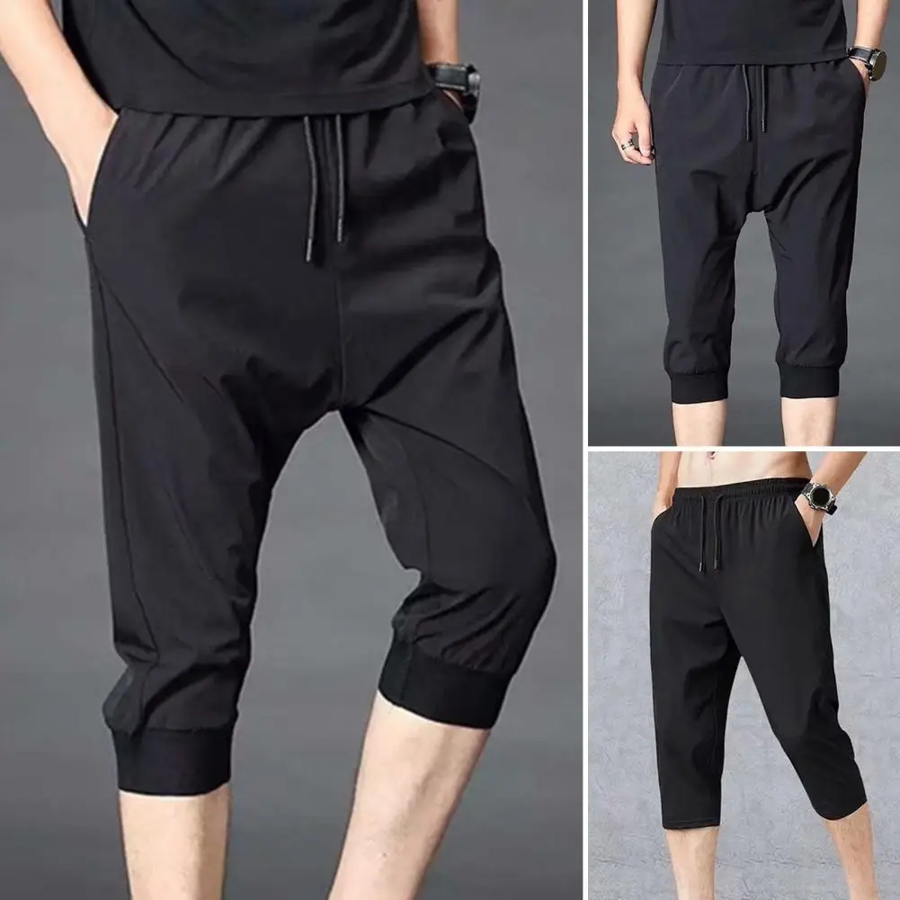 

Casual Drawstring Stretchy Waist Deep Crotch Summer Sweatpants Quick Dry Loose Type Men Sweatpants Daily Garment