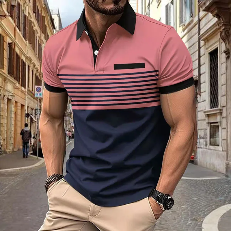 

Men New Summer Stripe Contrast Color Business Office Short Sleeve Polo Shirt 3D Printed Zipper Fashion Breathable Casual T-shirt