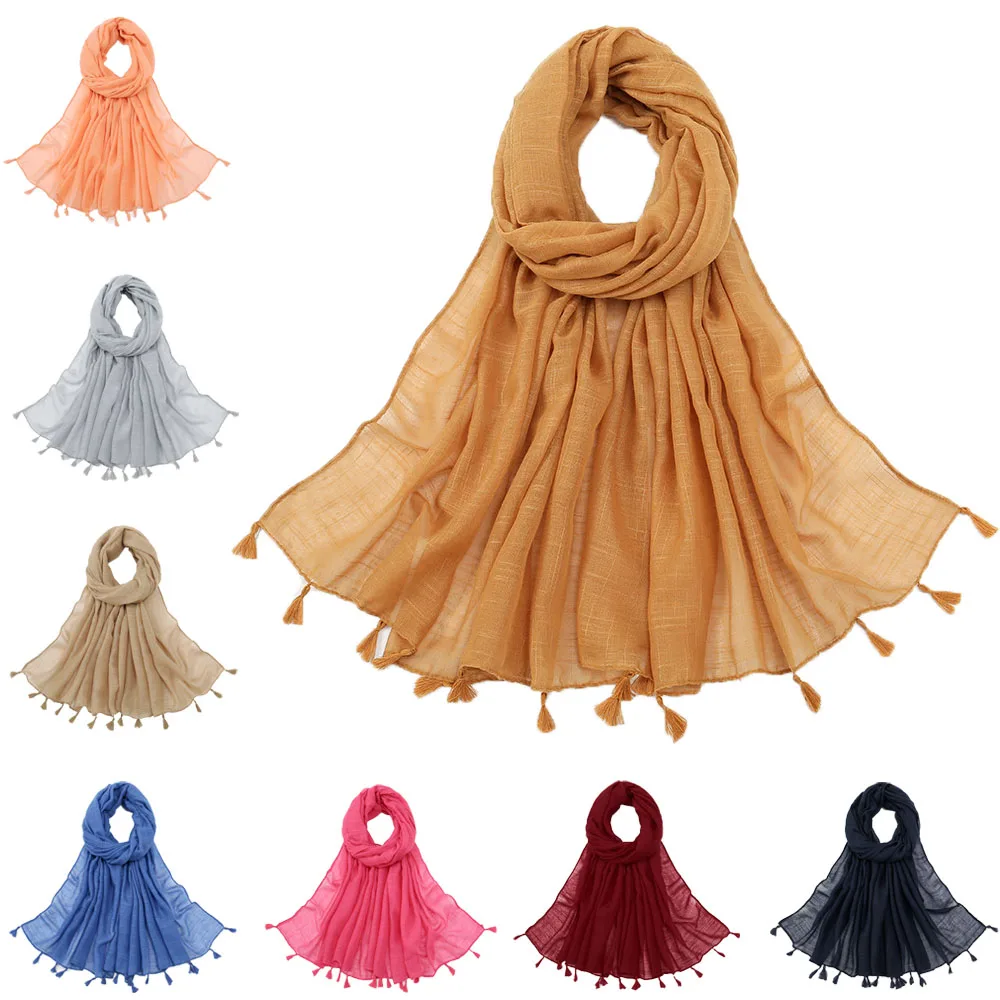 

Tassel Scarf Cotton Shawls Wrap Women Muslim Hijab Turban Scarves Stoles Soft Bandanna Bufandas Pashmina Foulard Turbante Mujer