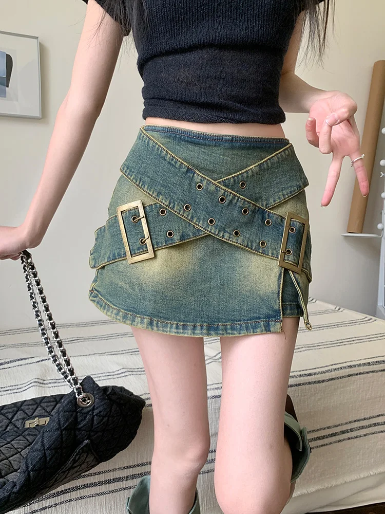 

Benuynffy Y2k Street Washed Belted Denim Shorts Skirts Women American Retro Sexy Zipper Back High Waist A-line Jeans Shorts