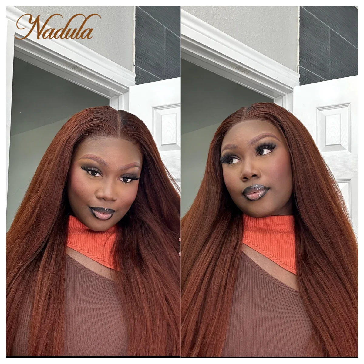 

Ｎadula Hair 7x5 Pre Cut Lace Bye Bye Knots Wig Invisible Knots Yaki Straight Reddish Brown Human Hair Glueless Wear & Go Wig