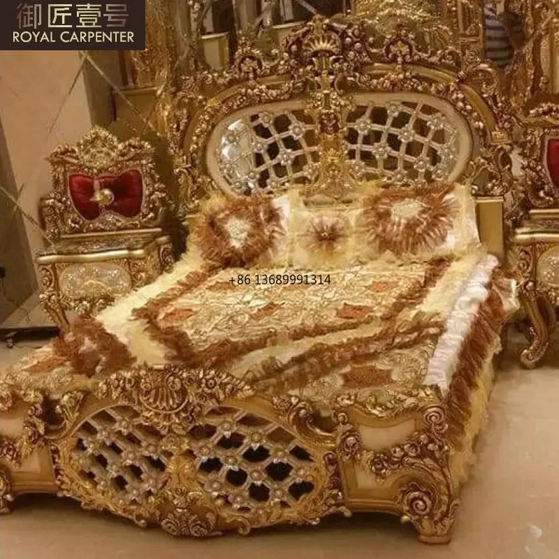 

Luxurious European-style solid wood carved gold foil bed, court 1.8m double bed, master bedroom, wedding bed, villa bed