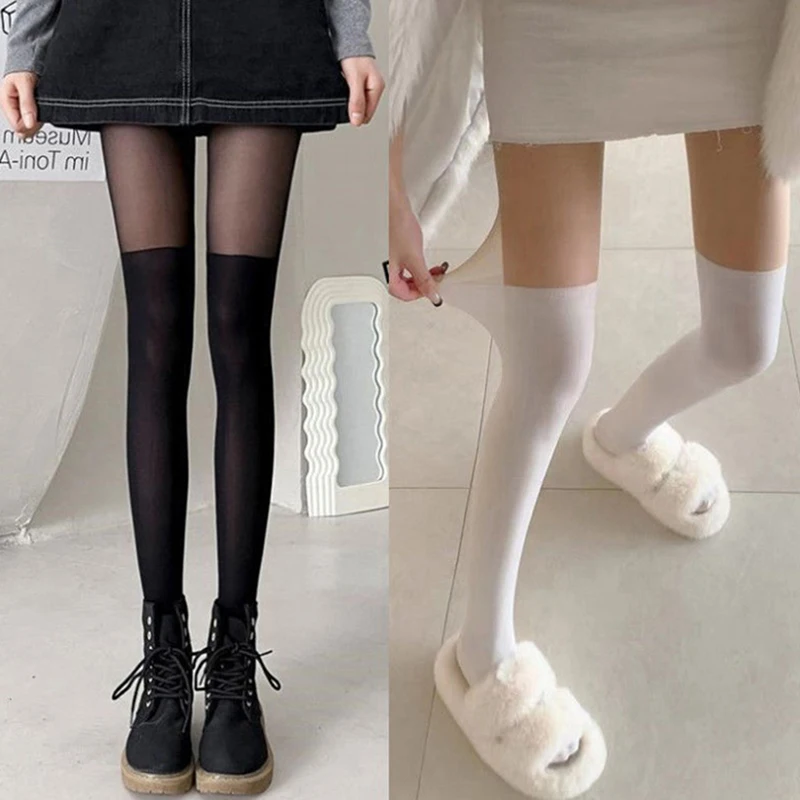 

Girls Women Patchwork Pantyhose Japanese Style Fake Stockings Thighs High Stocking Black Color Silk Socks JK Sock