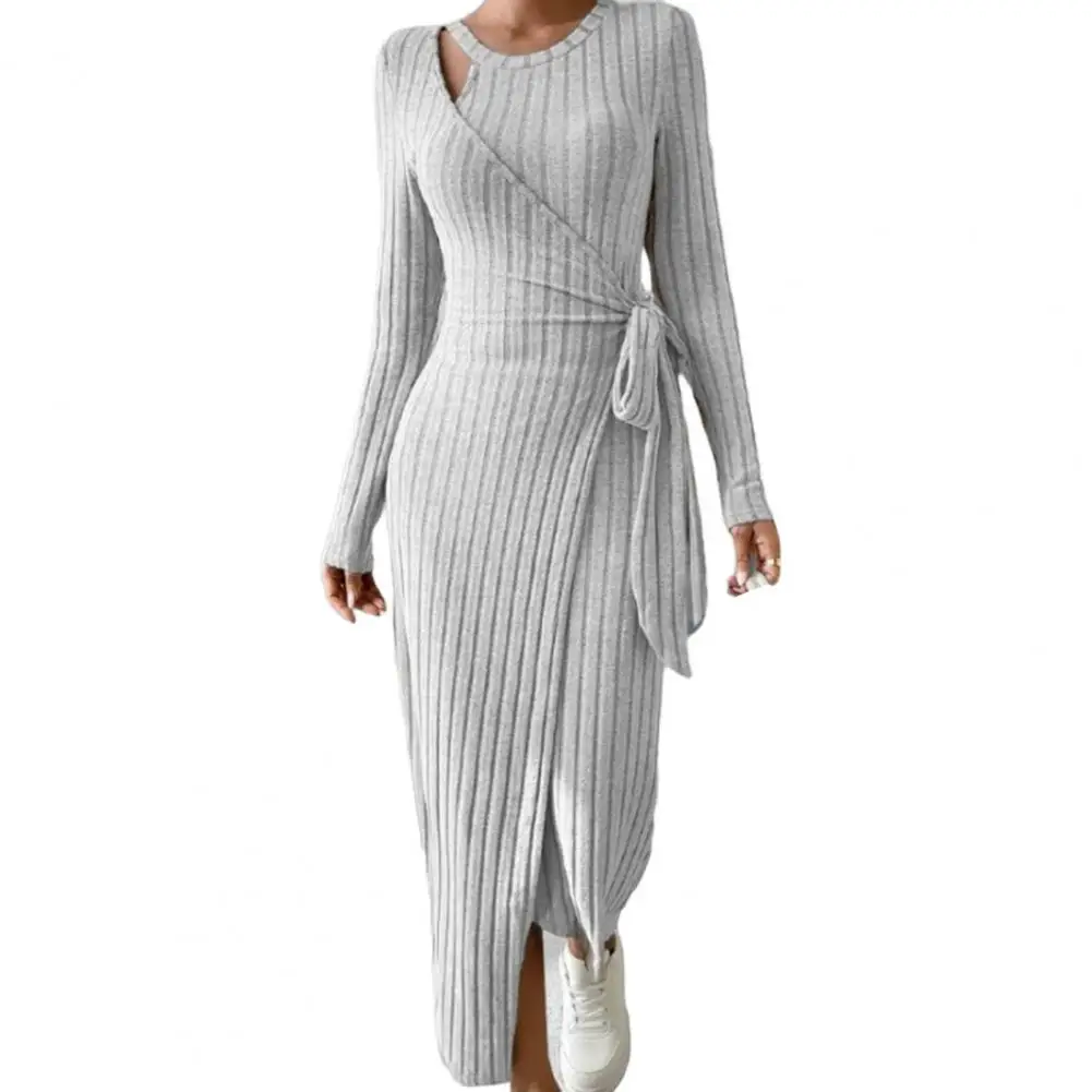 

Женское трикотажное платье-карандаш средней длины, с запахом в рубчик, повседневное облегающее платье с длинным рукавом и V-образным вырезом, с открытой спиной, в простом стиле, Осень-зима