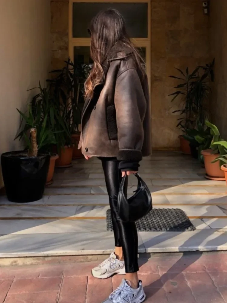 

Куртка женская из овечьей шерсти, винтажный однобортный плотный жакет из искусственной кожи с лацканами и длинными рукавами, с карманами, теплая уличная одежда на осень
