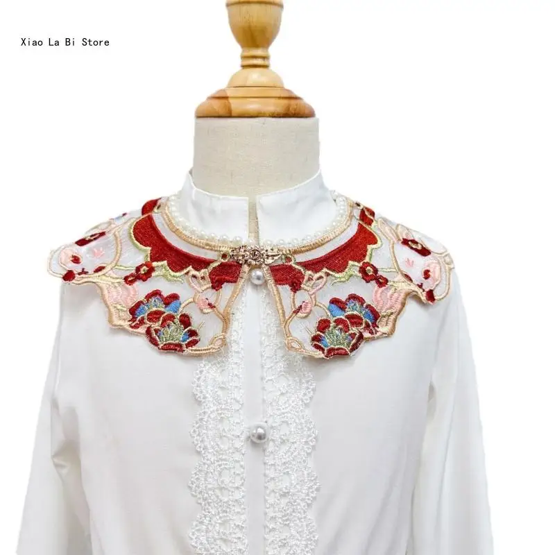 

Childrens Girls Chinese Vintage Embroidered Flower Shawl Scarf Pearl Beaded Neckline Detachable False Collar Capelet XXFD