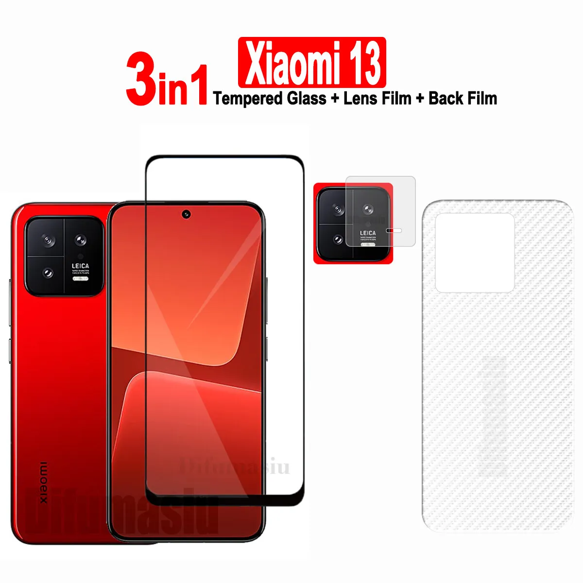 3in1 For Xiaomi 13 Tempered Glass Film Screen Protector + Camera Lens Film+ Carbon Fiber Back Film
3in1 For Xiaomi 13 Tempered Glass Film Screen Protector + Camera Lens Film+ Carbon Fiber Back Film