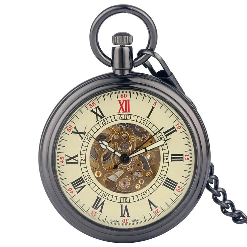 

Vintage Automatic Self Winding Mechanical Pocket Watch Open Face Roman Numerals Luminous Hands Skeleton Clock FOB Chain Gift