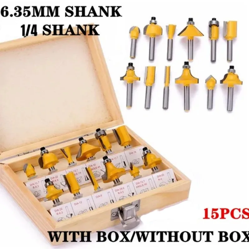 

15pcs Milling Cutter Router Bit Set 1/4 8MM Shank Wood Cutter Carbide Mill Woodworking Trimming Engraving Carving Cutting Tools