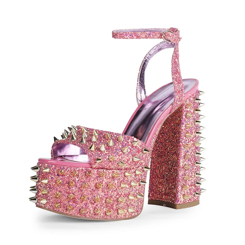 Glitter PInk Sequins Rivets Studs High Platform Chunky Heels Sandals Peep Toe Bling Banquet Shoes Woman Zapatos
Glitter PInk Sequins Rivets Studs High Platform Chunky Heels Sandals Peep Toe Bling Banquet Shoes Woman Zapatos