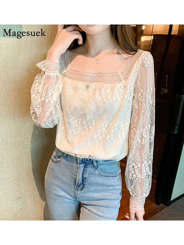 

French Bow Apricot Elegant Flower Shirts Lady Square Collar Lace Women's Blouse Sweet New Hollow Out Mesh Long Sleeve Tops 20053