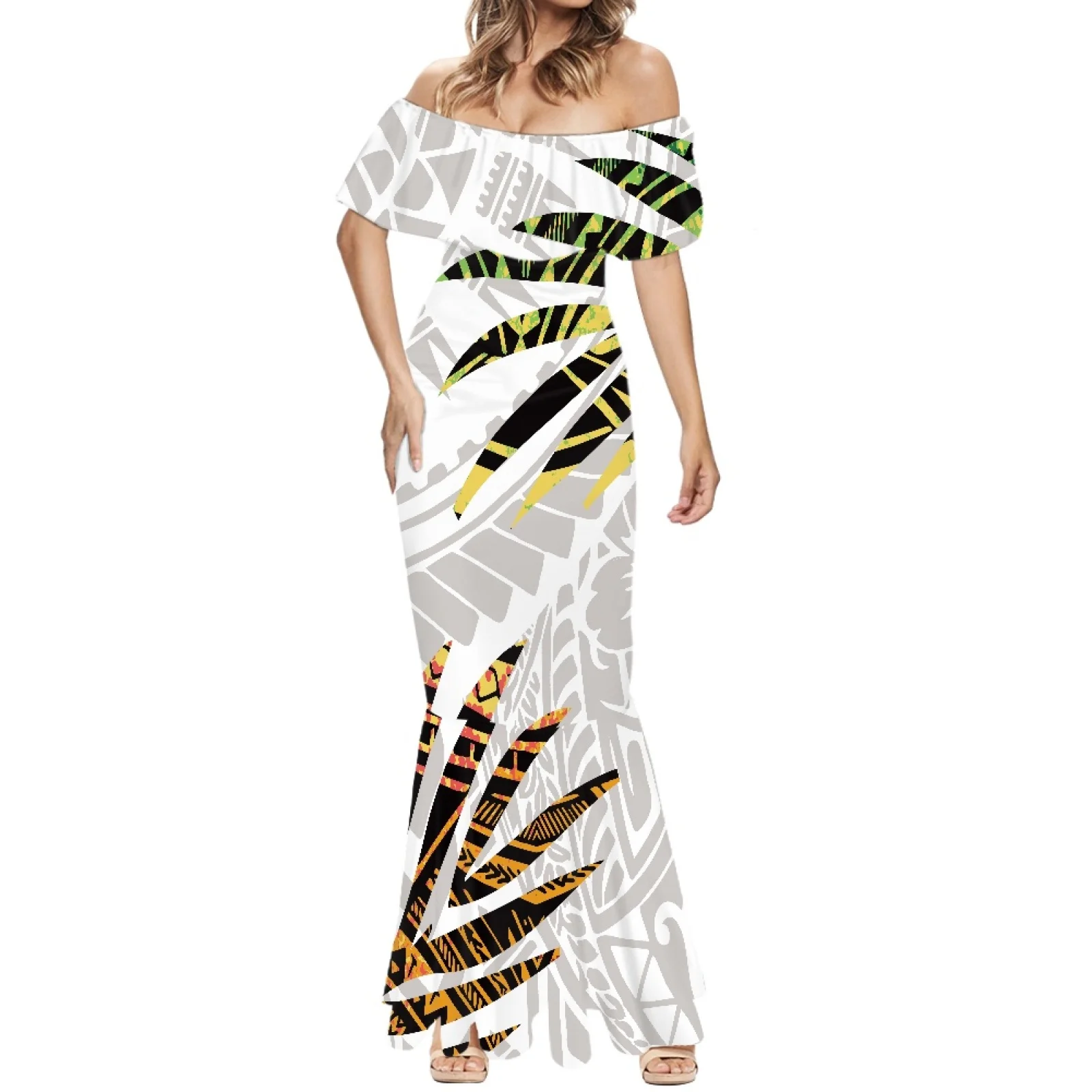 Polynesian Vintage Short Sleeve White Palm Leaf Fishtail Women's Dress, Tribal, Hawaiian Totem, Tattoo, Print, Off Shoulder 7XL
Polynesian Vintage Short Sleeve White Palm Leaf Fishtail Women's Dress, Tribal, Hawaiian Totem, Tattoo, Print, Off Shoulder 7XL