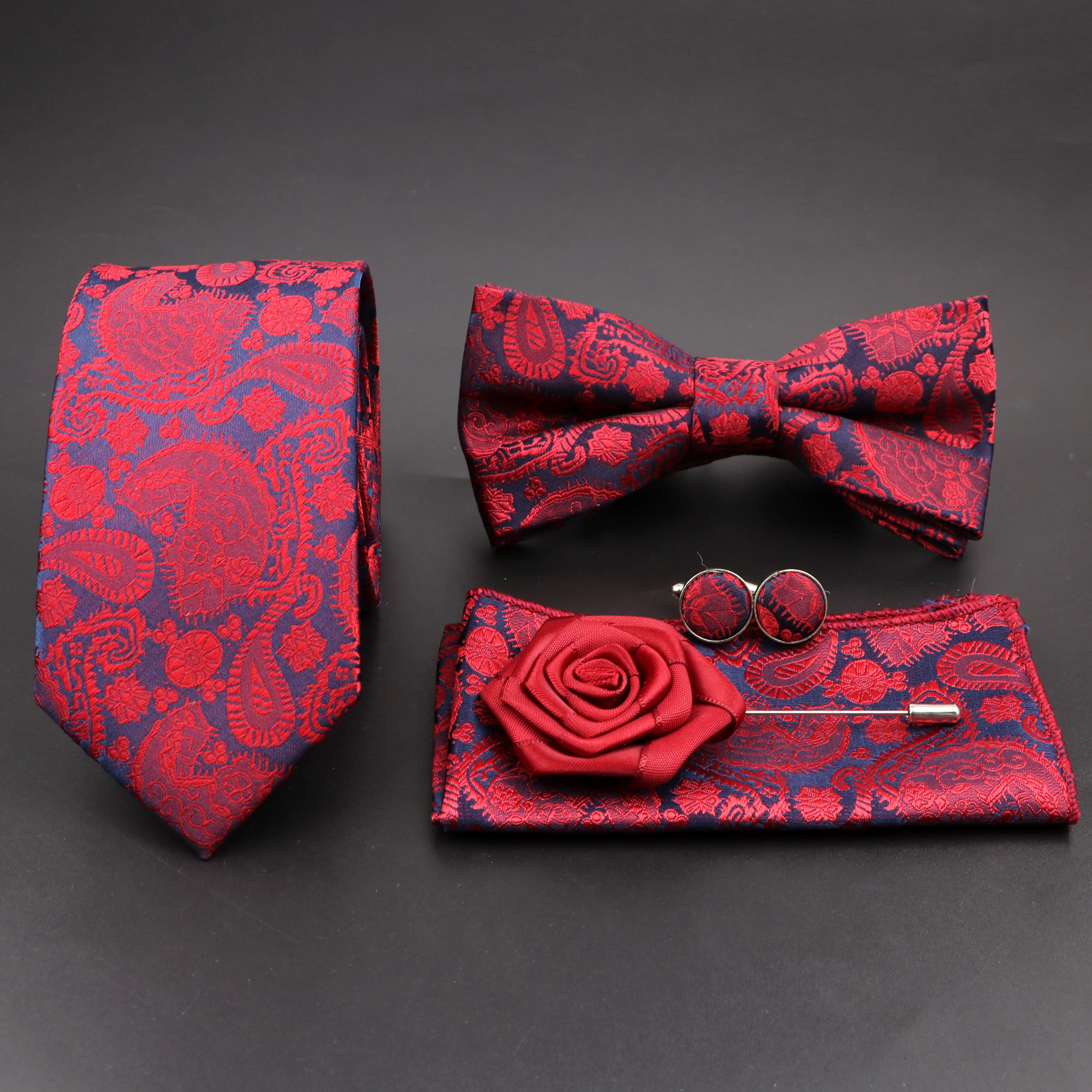 

Red Floral Paisley Neck Ties For Men Luxury 6cm Wide Silk Wed Tie Pocket Square Cufflinks Set Brooch Christmas Gifts For Men