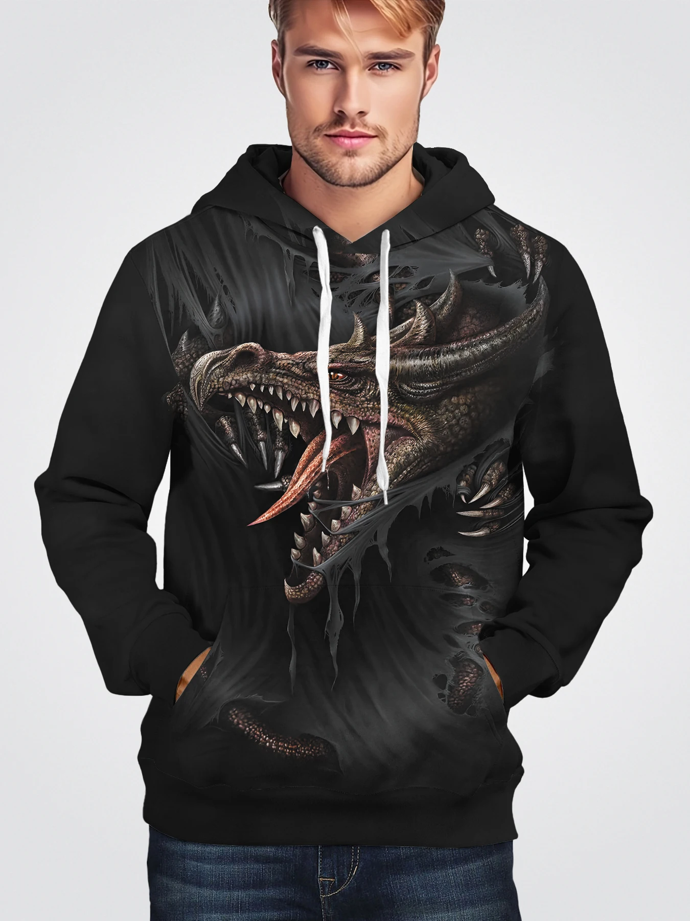 

Толстовка мужская с длинным рукавом, цифровая печать, популярный узор с отверстиями, модная одежда с рисунком дракона, рваный Топ