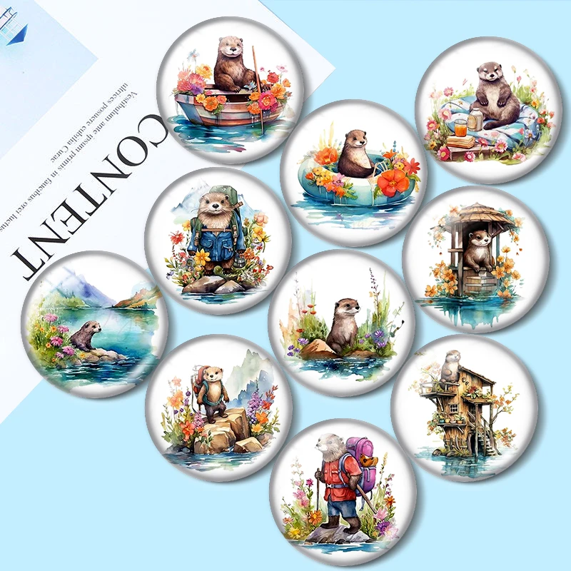 

Watercolor Otter Camping 10pcs 12mm/18mm/20mm/25mm Round photo glass cabochon demo flat back Making findings