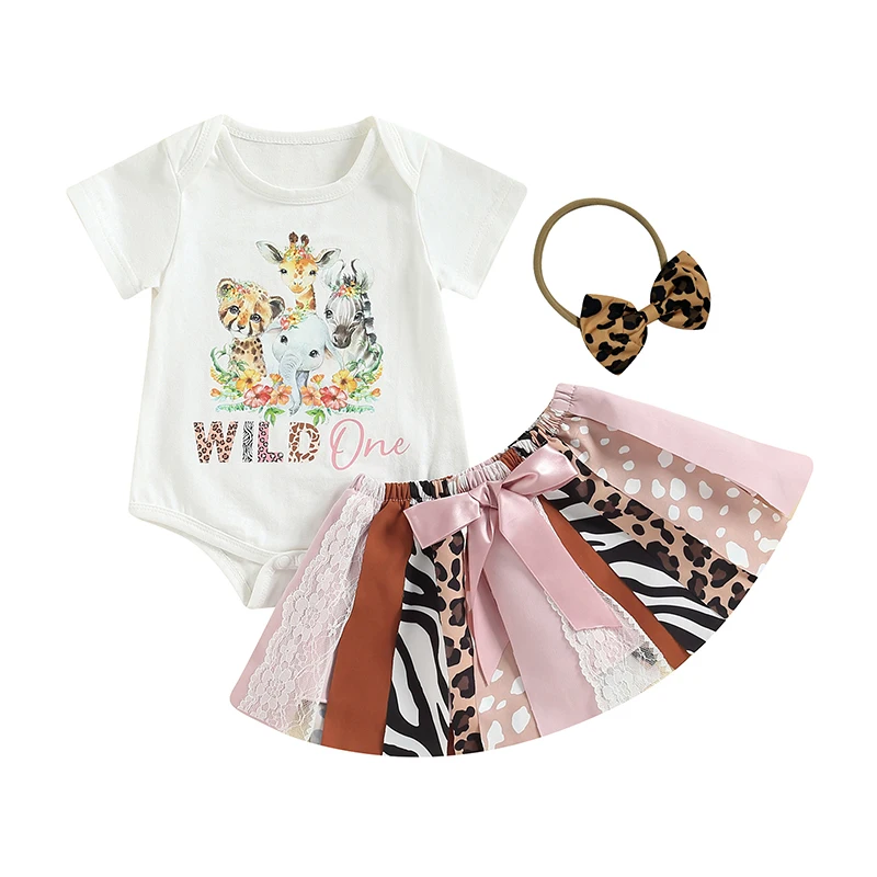 

Baby Girl Summer Clothes Suits Short Sleeve Crew Neck Romper Zebra Pattern Leopard Lace Patchwork Skirts Headband 3Pcs Set