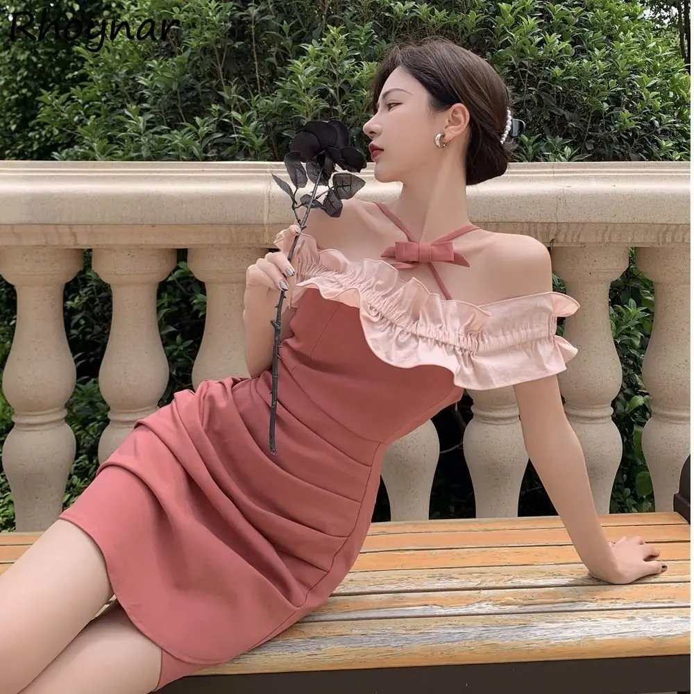 

Slash Neck Mini Dress Women S-3XL Sexy Gentle Temper Hotsweet Slim Ruffles Panelled Pink Clothes European Style Vintage Vestidos