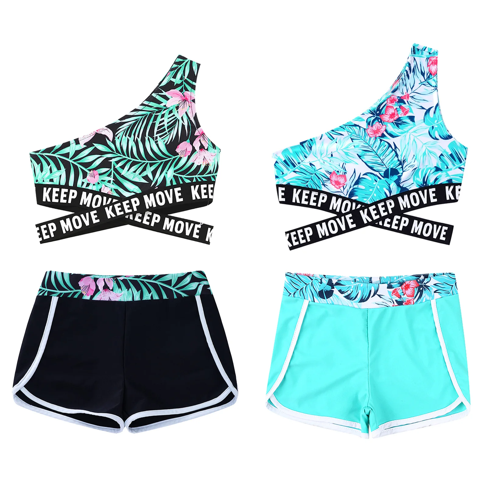 

Kids Girls Printed Swimwear Set Single Shoulder Criss Cross Waistline Swim Tops with Shorts for Beach Pool Bathing Swimming Suit