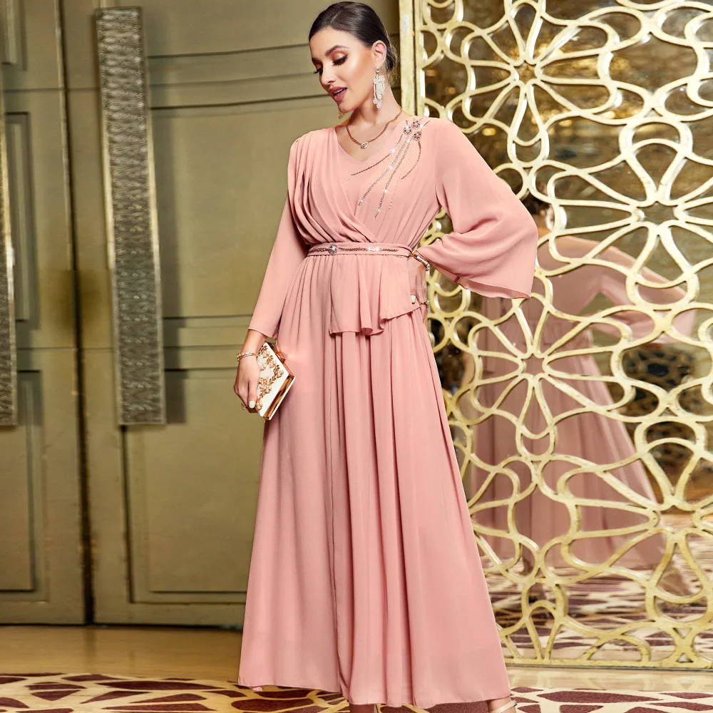 

Ramadan Eid Mubarak Diamond Muslim Dress for Women Dubai Abaya Islamic Kaftan Evening Party Gown Jalabiya Robe Marocain Clothes