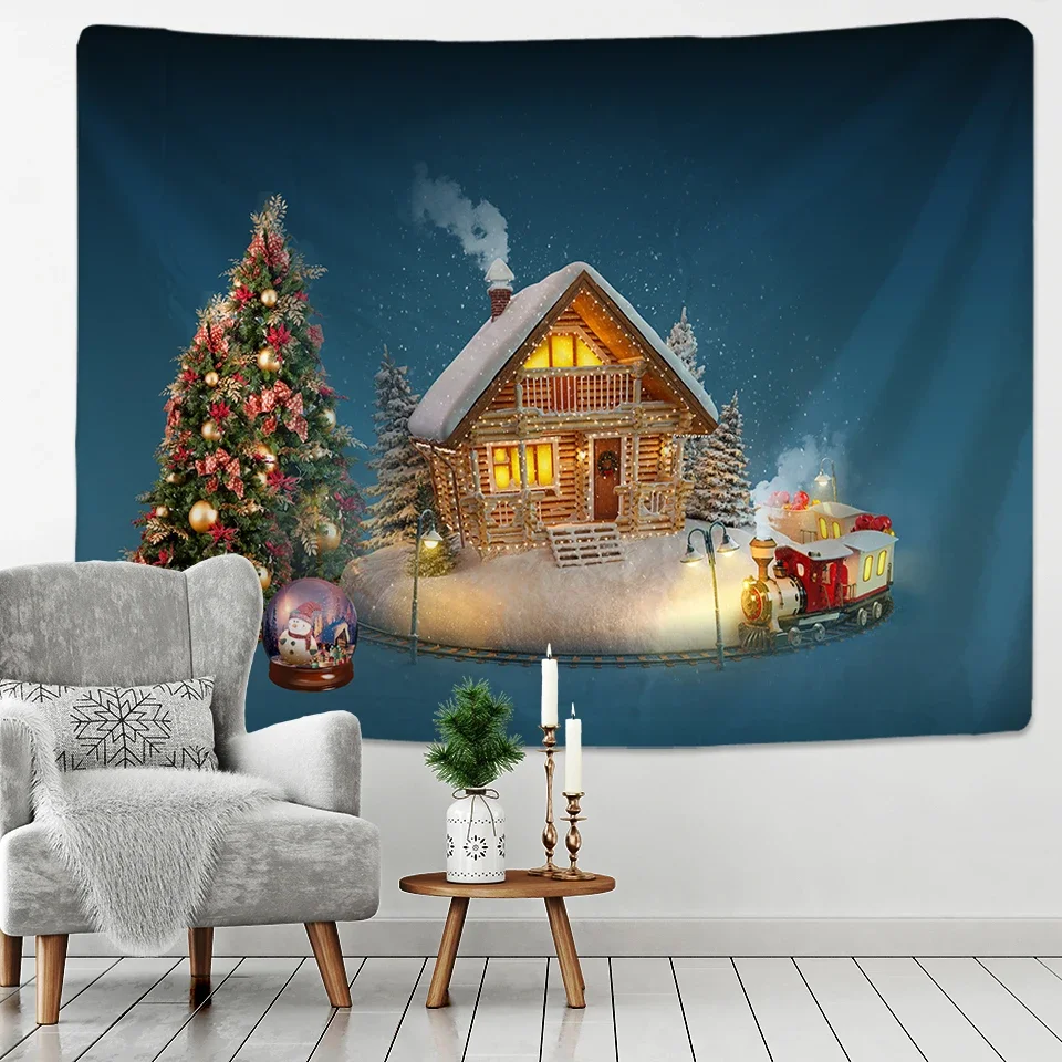 

New Year Christmas Decoration Snow House Nature Cat Tapestry Kawaii Decor Wall Hanging Psychedelic Hippie Aesthetic Home Decor