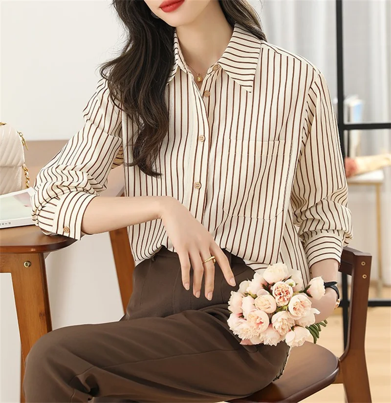 

Shirts for Women Dressy Casual Button Down Long Sleeve Striped Print Office Lady Work Tops Blouses Camisas Y Blusas Feminina