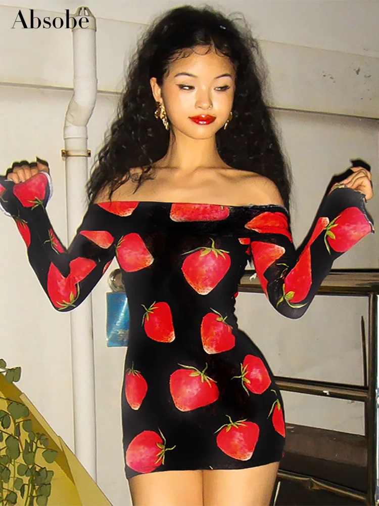 Absobe Strawberry Print Off Shoulder Mini Dress Women Y2K Flare Long Sleeve Slim Wrap Hip Short Dress Hottie Autumn Streetwear
Absobe Strawberry Print Off Shoulder Mini Dress Women Y2K Flare Long Sleeve Slim Wrap Hip Short Dress Hottie Autumn Streetwear