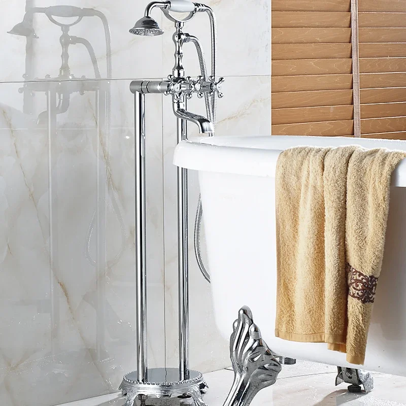 Хромированная напольная подставка Vidric, кран для ванной и душа С телефонным типа, три ручки с наполнителем для ванны, смеситель для горячей и холодной воды в стиле телефона 
Хромированная напольная подставка Vidric, кран для ванной и душа С телефонным типа, три ручки с наполнителем для ванны, смеситель для горячей и холодной воды в стиле телефона