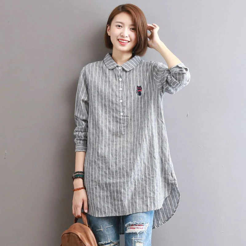 

Хлопковая рубашка для женщин, новинка, осенняя одежда, Корейская версия, свободные блузки с вышивкой в клетку и в полоску, средней длины, с кукольным воротником