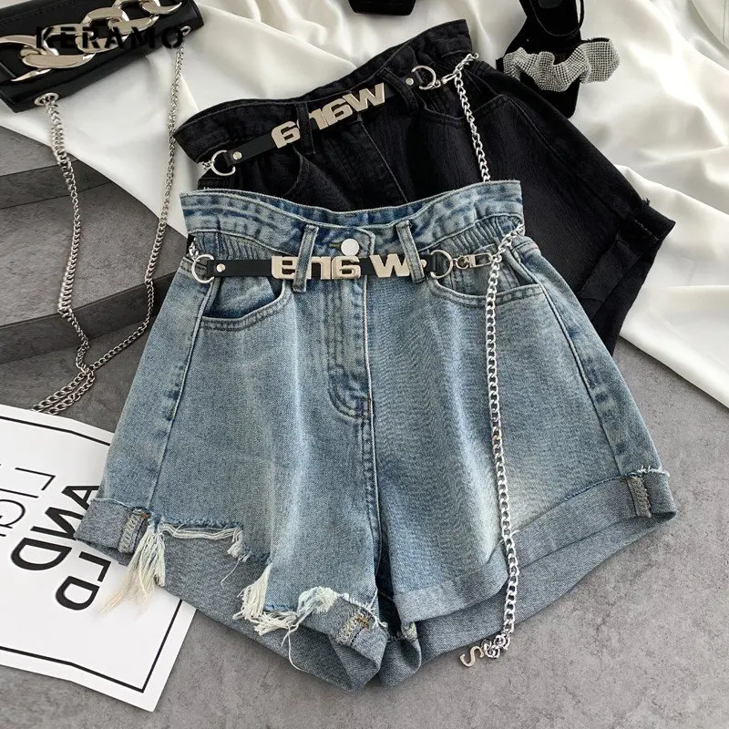 

Harajuku Y2K Hotsweet High Waist 00S Blue Denim Shorts Women's Fashion Casual Sexy Slim Fit Street Ripped Tassels Jean Short