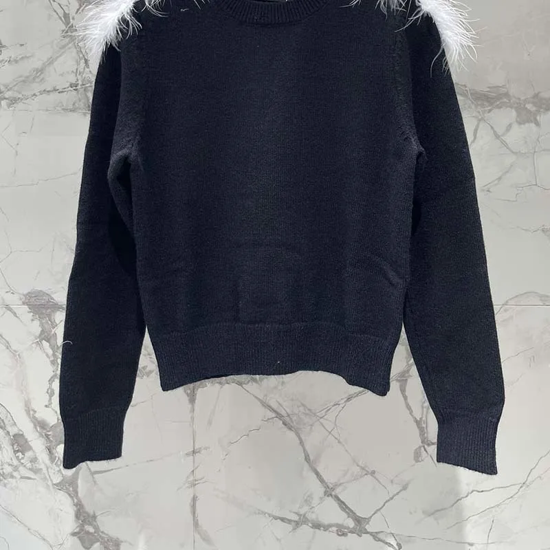 

23Designer New Ostrich Hair Knitted Pullovers Fashion Runway Round Neck Long Sleeve Loose Sweater Y2K Women High End Clothing