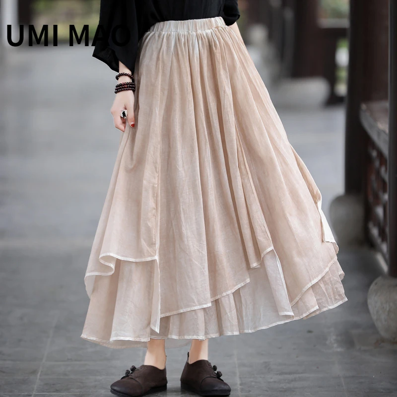 

UMI MAO Chinese Style Cotton Linen Women's Clothing Super Fairy Elegant Irregular Literary Artistic Large-swing Skirt Femme