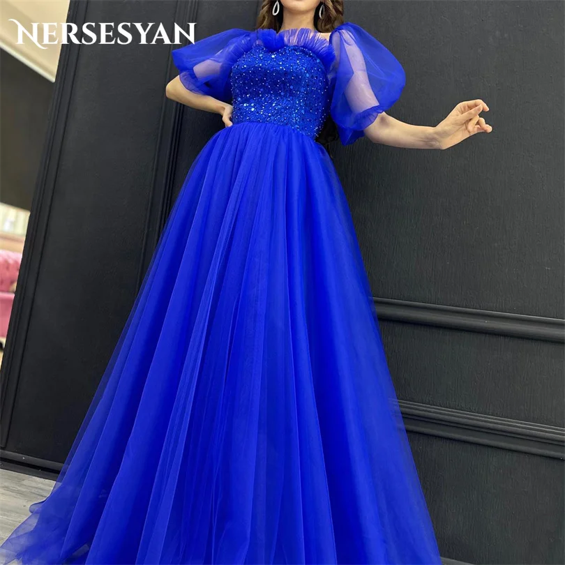 

Nersesyan Royal Blue Puff Sleeves Evening Gowns Sequins Off Shoulder Tulle Ruffles Prom Dresses Long A Line Draped Party Dress