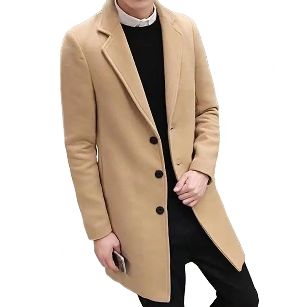 

Шерстяное пальто, мужское однотонное пальто средней длины с лацканами для осени и зимы, однобортный деловой кардиган в официальном стиле с длинным рукавом