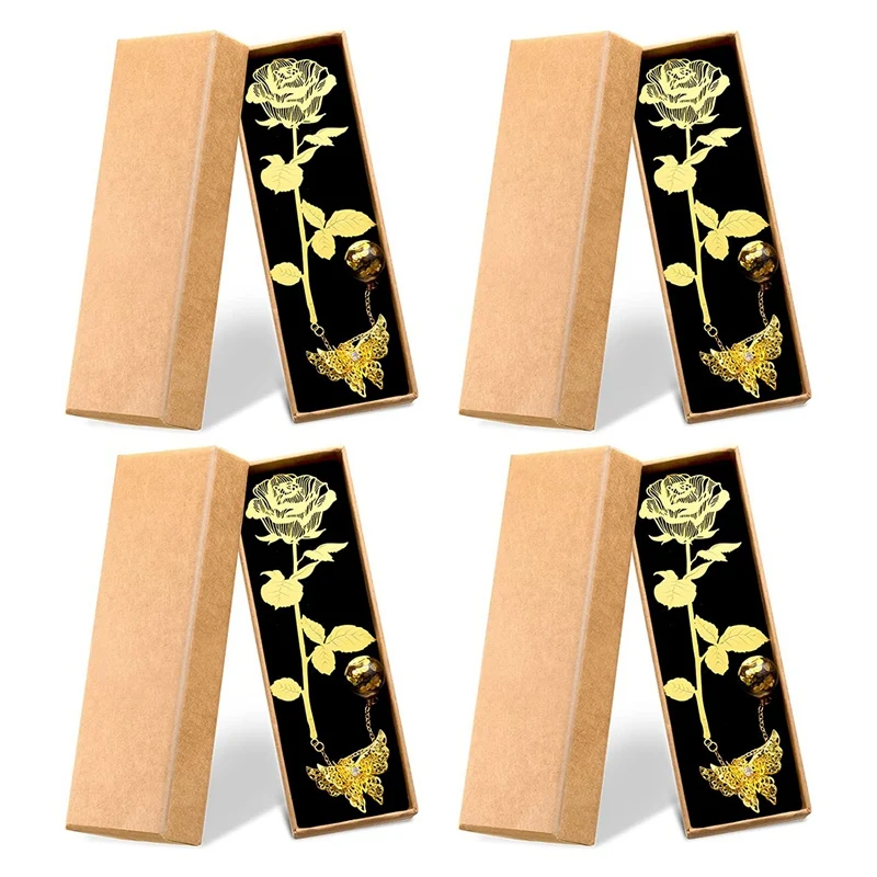 4 Pack Valentine's Day Metal Golden Rose Bookmarks Metal Bookmarks With 3D Butterfly Pendant Chain And Box
4 Pack Valentine's Day Metal Golden Rose Bookmarks Metal Bookmarks With 3D Butterfly Pendant Chain And Box
