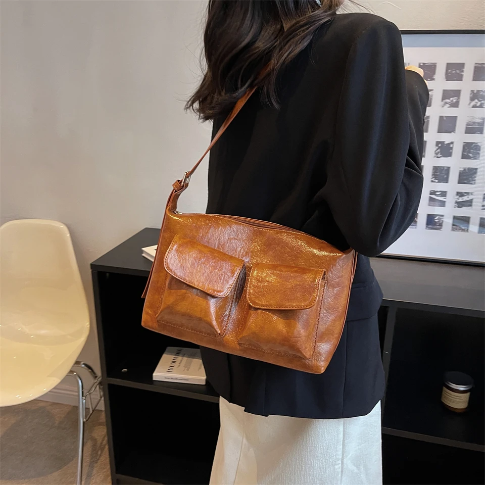 

Vintage Simple Solid Colour PU Leather Shoulder Bag for Women OL Daily Business Briefcase Commuter Messenger Bag Luxury Designer