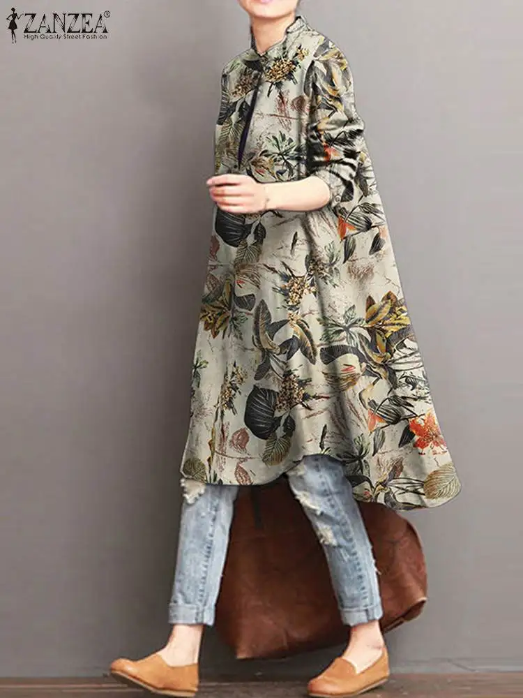 

Осенняя модная блузка с длинным рукавом ZANZEA, женские свободные топы, богемная Цветочная длинная рубашка, элегантная Рабочая блузка, туника, блузы оверсайз