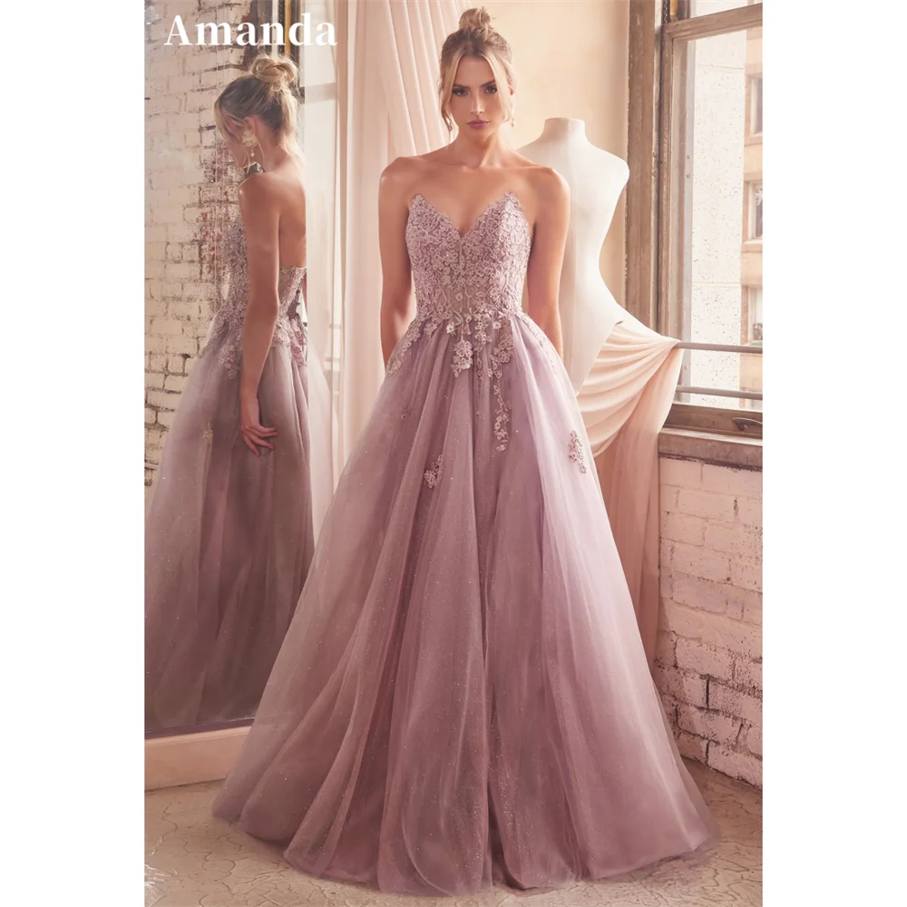 

Amanda 2024 Dusty Pink A-line Vestido De Novia Princess Strapless Lace Embroid Evening Dress Sweet Shiny A-line Prom Dress 2024