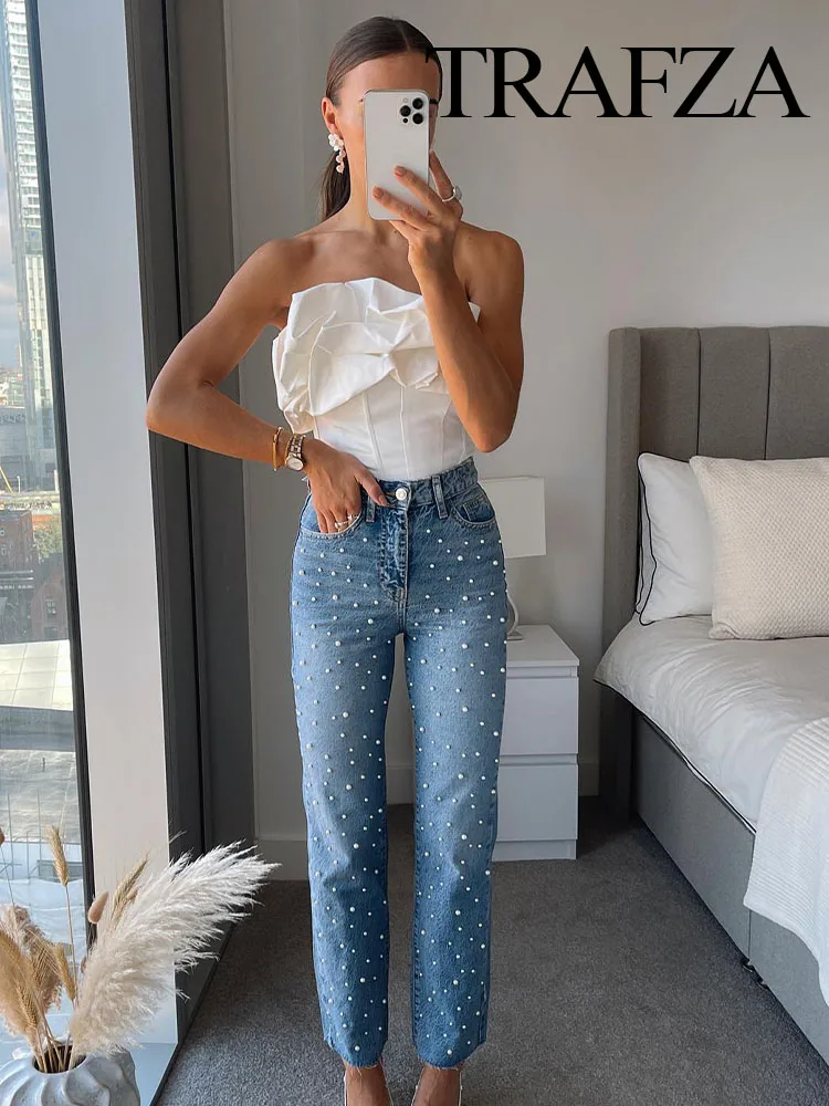 

TRAFZA Autumn Women's Fashion Artificial Pearl Decorated Straight Jeans Retro High Waist Zipper Fly Pocket Women's Casual Pants