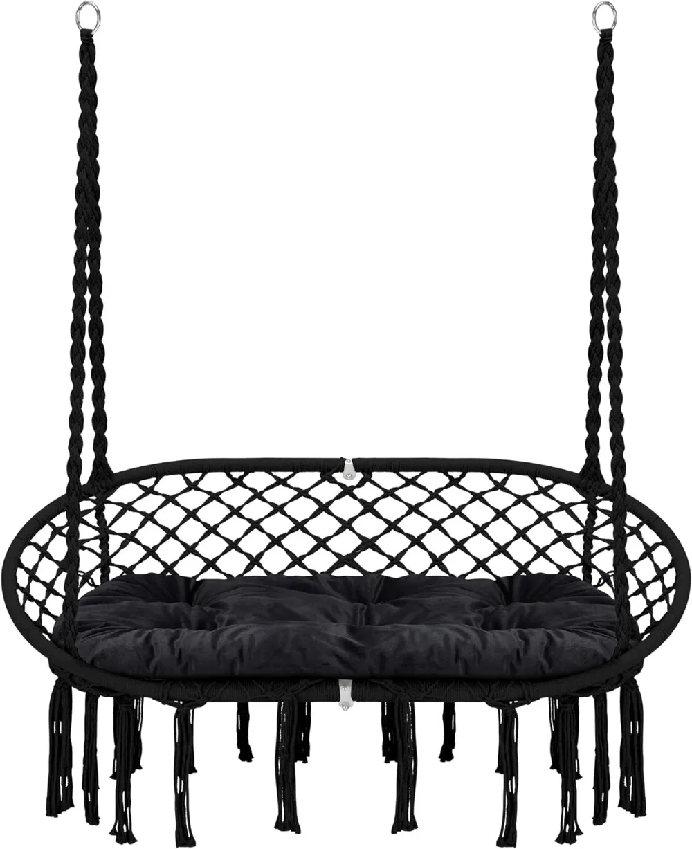 

Hammock Chair Macrame Hanging Swing with Cushion,Hanging Cotton Ropes, Metal Frame, 450 lbs Capacity Indoor Outdoor, Patio