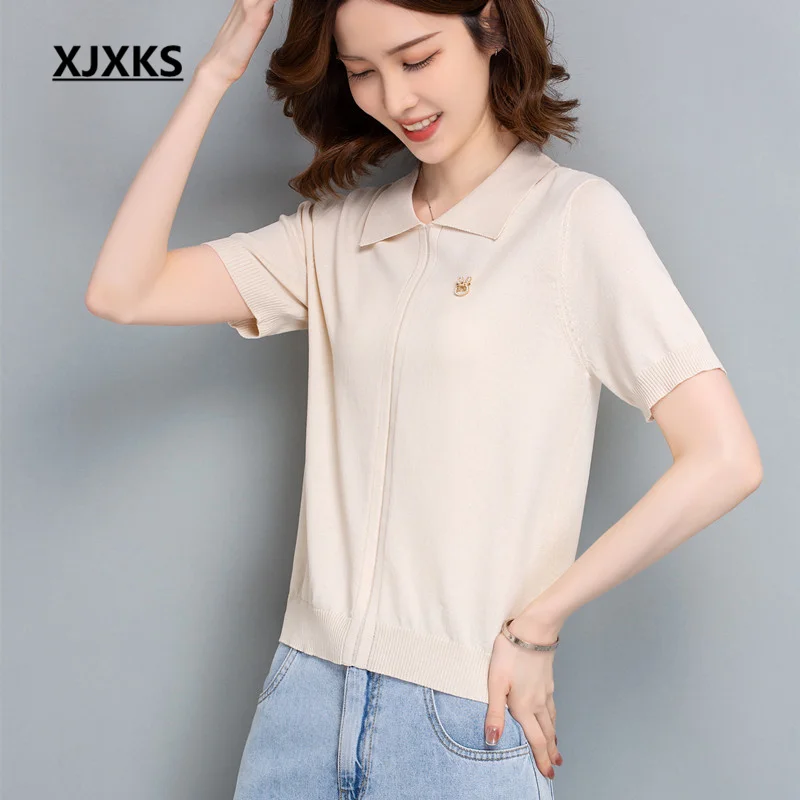 XJXKS Fashion Lapel Short-sleeved Mulberry Silk Knit Top 2023 Summer New High-quality Comfortable Women's T-shirt
XJXKS Fashion Lapel Short-sleeved Mulberry Silk Knit Top 2023 Summer New High-quality Comfortable Women's T-shirt