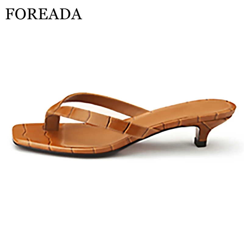 

FOREADA Women Flip Flop Slides Square Toe Thick Mid Heels Sandals Concise Slippers Ladies Fashion Casual Shoes Summer Khaki 40