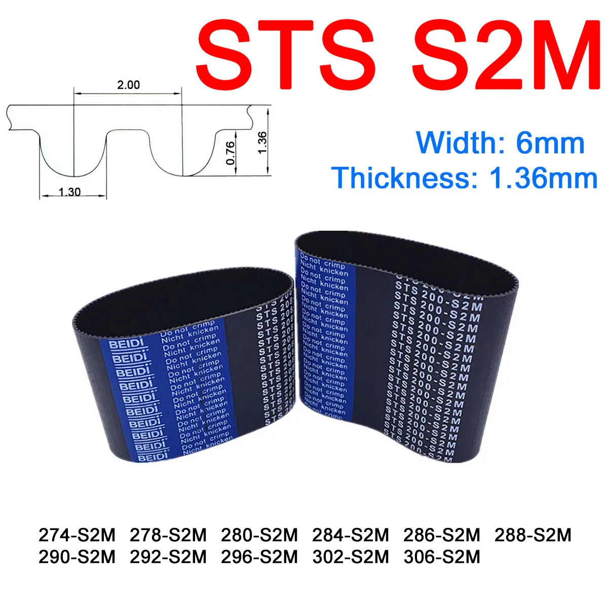 

1Pc Width 6mm S2M Rubber Arc Tooth Timing Belt Pitch Length 274 278 280 284 286 288 290 292 296 302 306mm Synchronous Belts