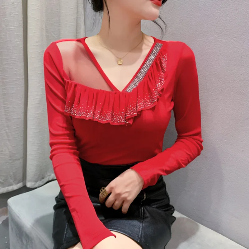 

#8572 Black Red Mesh T Shirt V-neck Split Joint Ruffles Diamonds Sexy Short Tshirt Femme Long Sleeve Tight Streetwear T-shirt